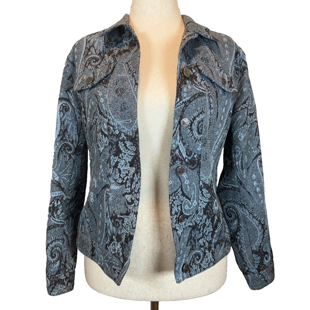 Vintage 2006 Christopher & Banks Blue Gray Paisley Tapestry Trucker Jacket M